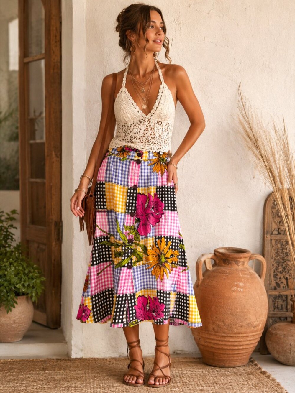 Vintage Colourful Patchwork Plaid Floral Midi Skirt M